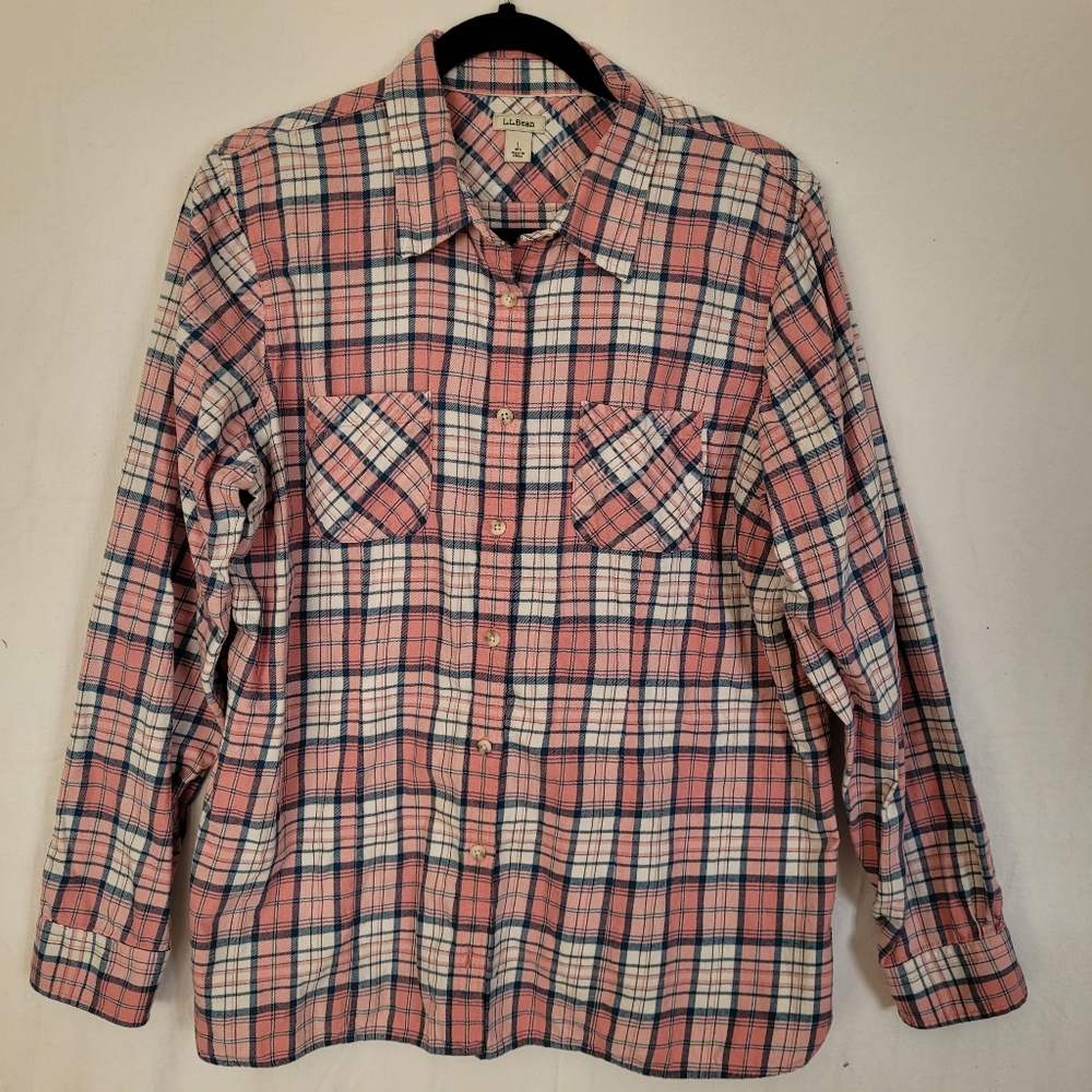 L.L.BEAN Womens Flannel Shirt Size L Pink Blue White Casual Cozy Cotton Cowgirl